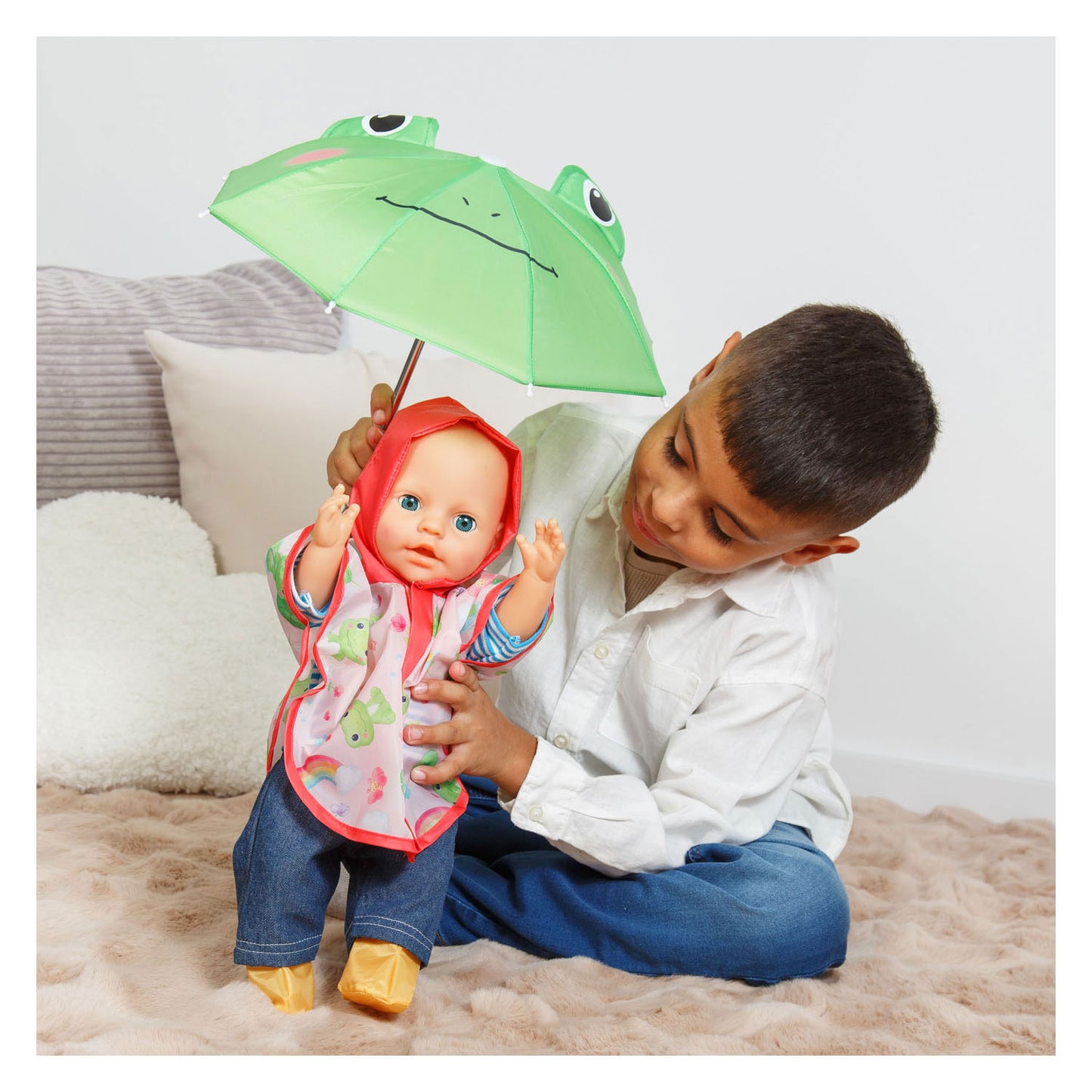 Traje de lluvia Heless para muñecas con impermeable, paraguas y botas - talla 28-35cm