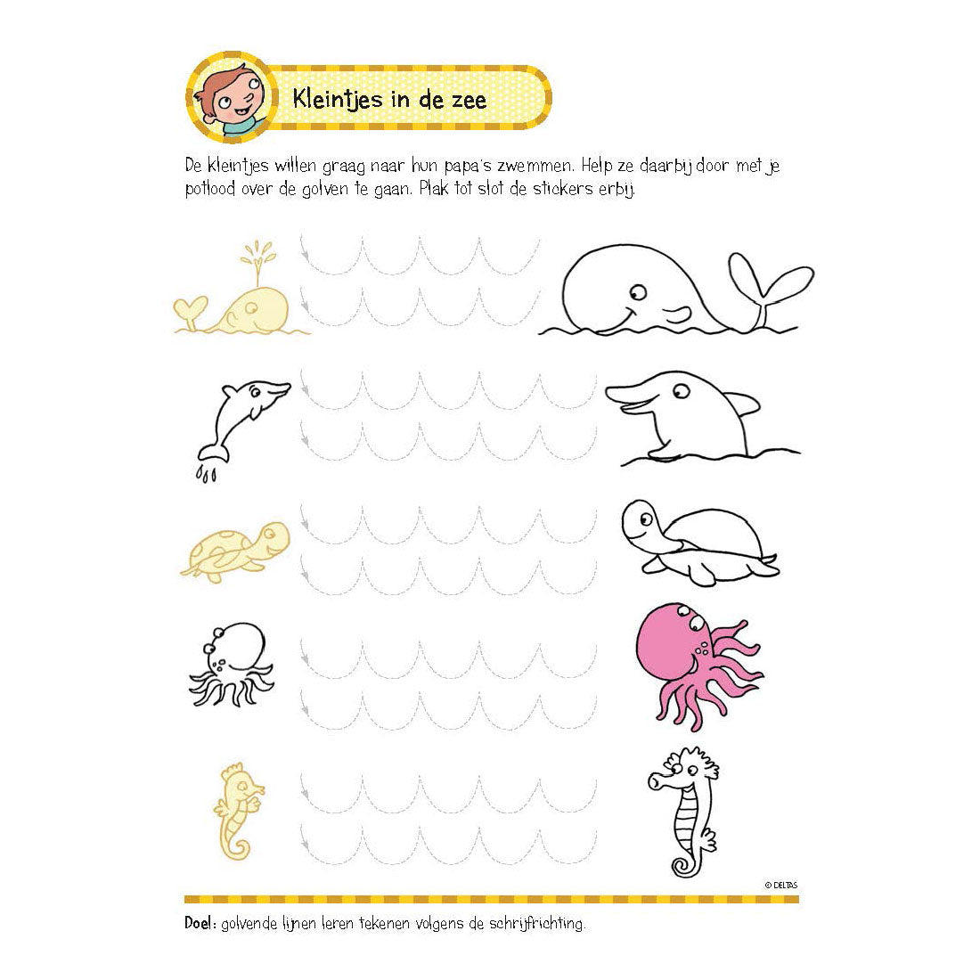 Libro de ejercicios de Deltas con pegatinas Primeros juegos de escritura (5-6 años)