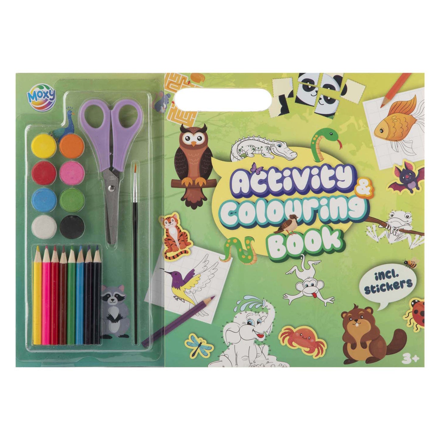Libro da colorare e attività creativa per gruppi di animali, inclusi colori, matite, forbici e adesivi