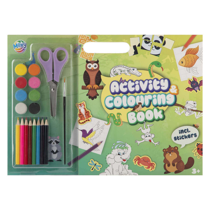 Libro da colorare e attività creativa per gruppi di animali, inclusi colori, matite, forbici e adesivi
