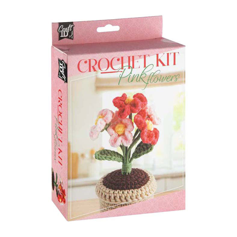 Kit de crochet para grupo de manualidades creativas, maceta con flores rosas, incl. aguja e hilo
