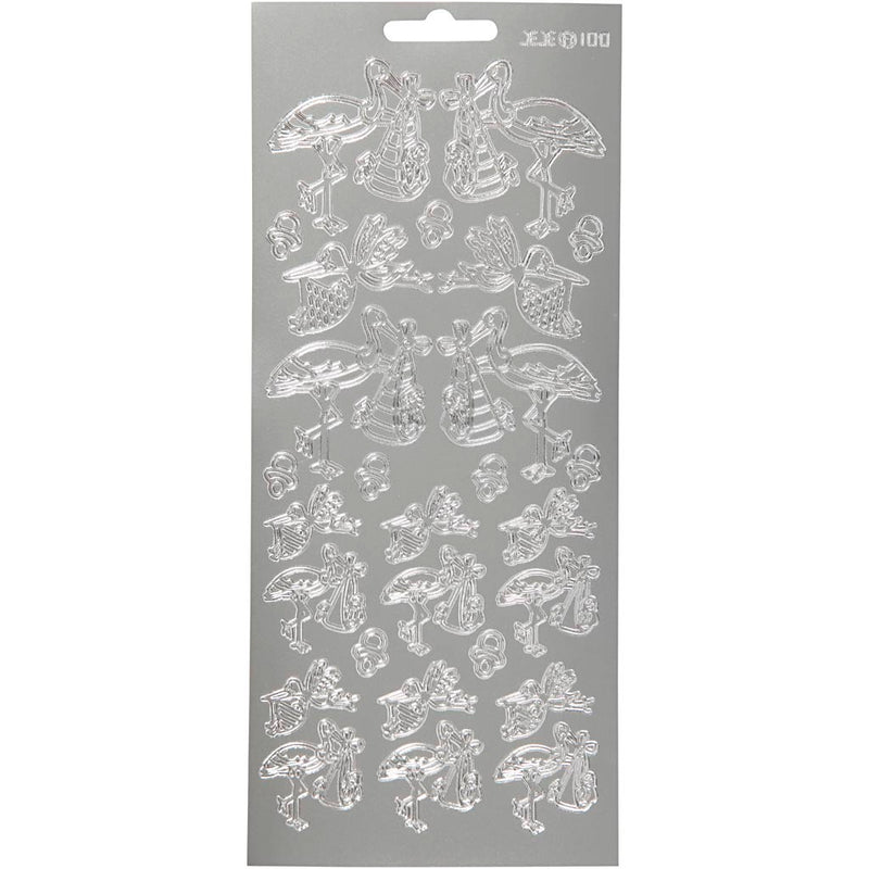 Pegatinas Creativ Company, cigüeña con bebé, hoja 10x23 cm, plata, 1 hoja