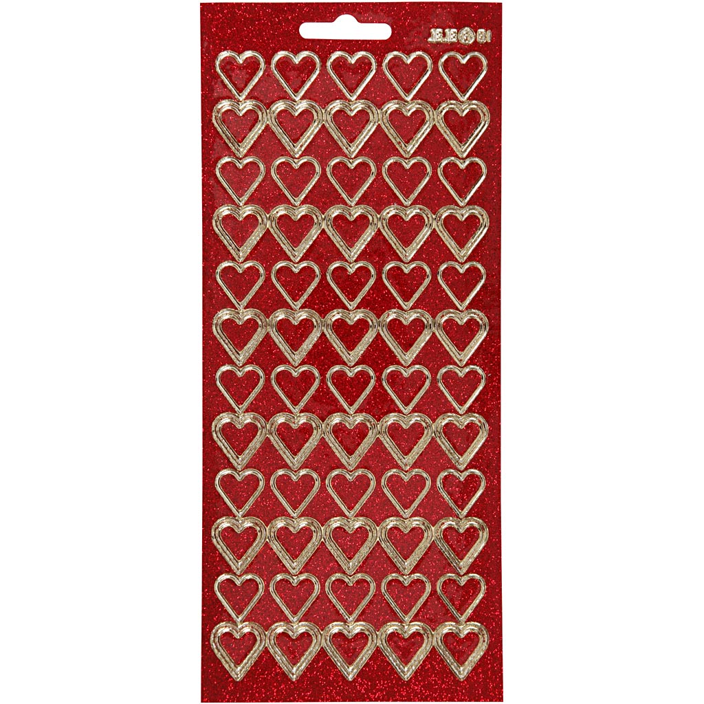Adesivi aziendali Creativ, cuori, foglio 10x23 cm, oro, glitter rosso, 1 foglio