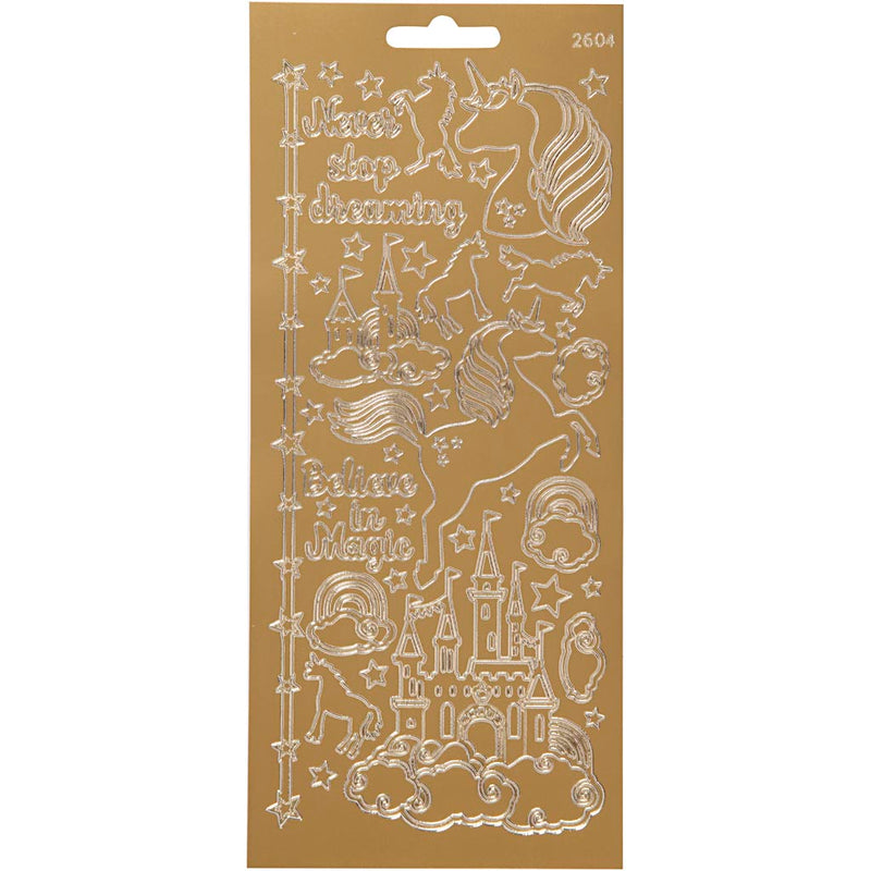 Stickers, unicorn, vel 10x23 cm, goud, 1 vel