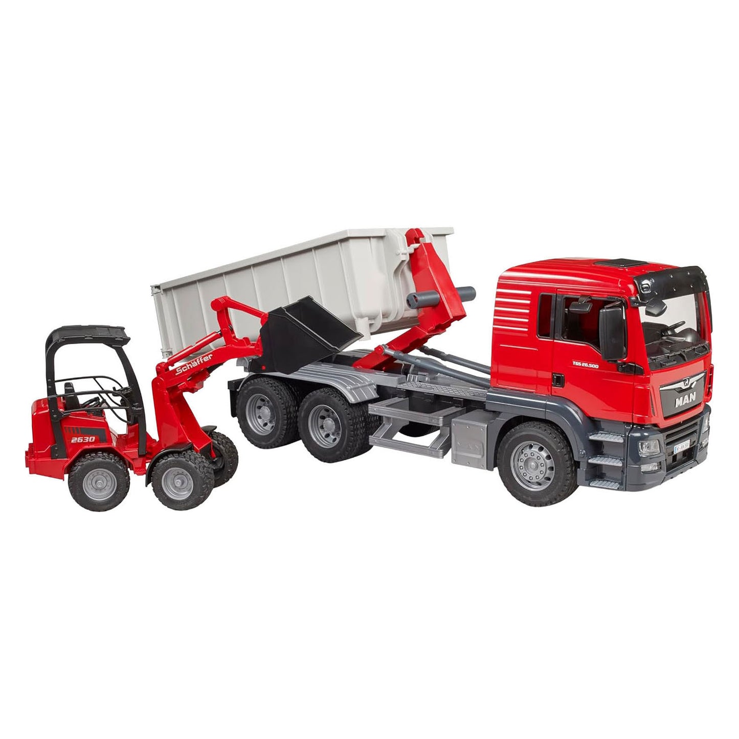 Bruder Man TGS con Rolcontainer e Schäffer Compact Charcher