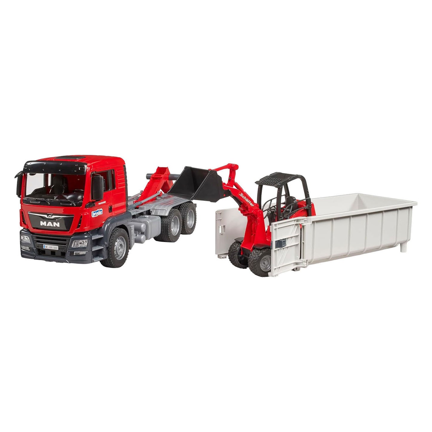 Bruder Man TGS con Rolcontainer e Schäffer Compact Charcher