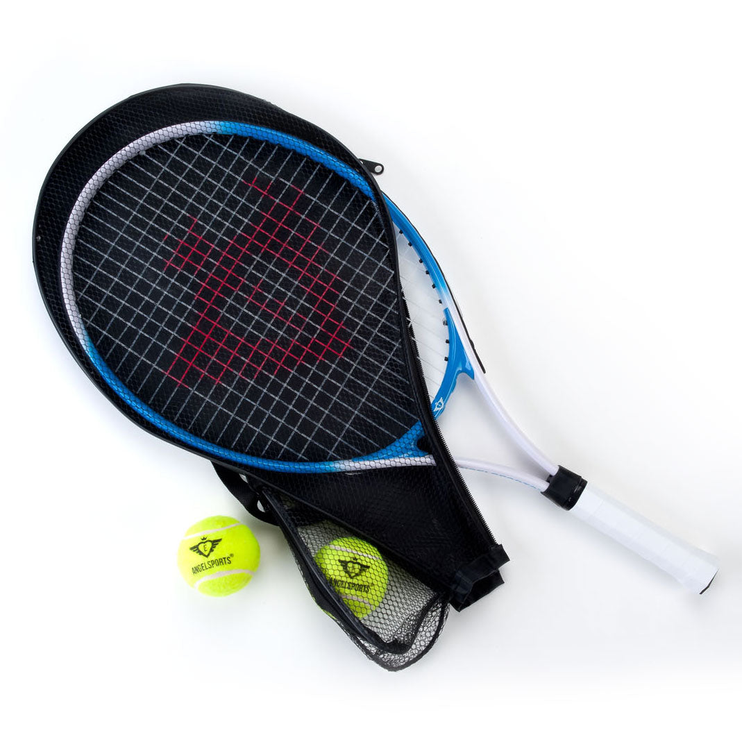 Raqueta de tenis con cubierta y 2 bolas azul