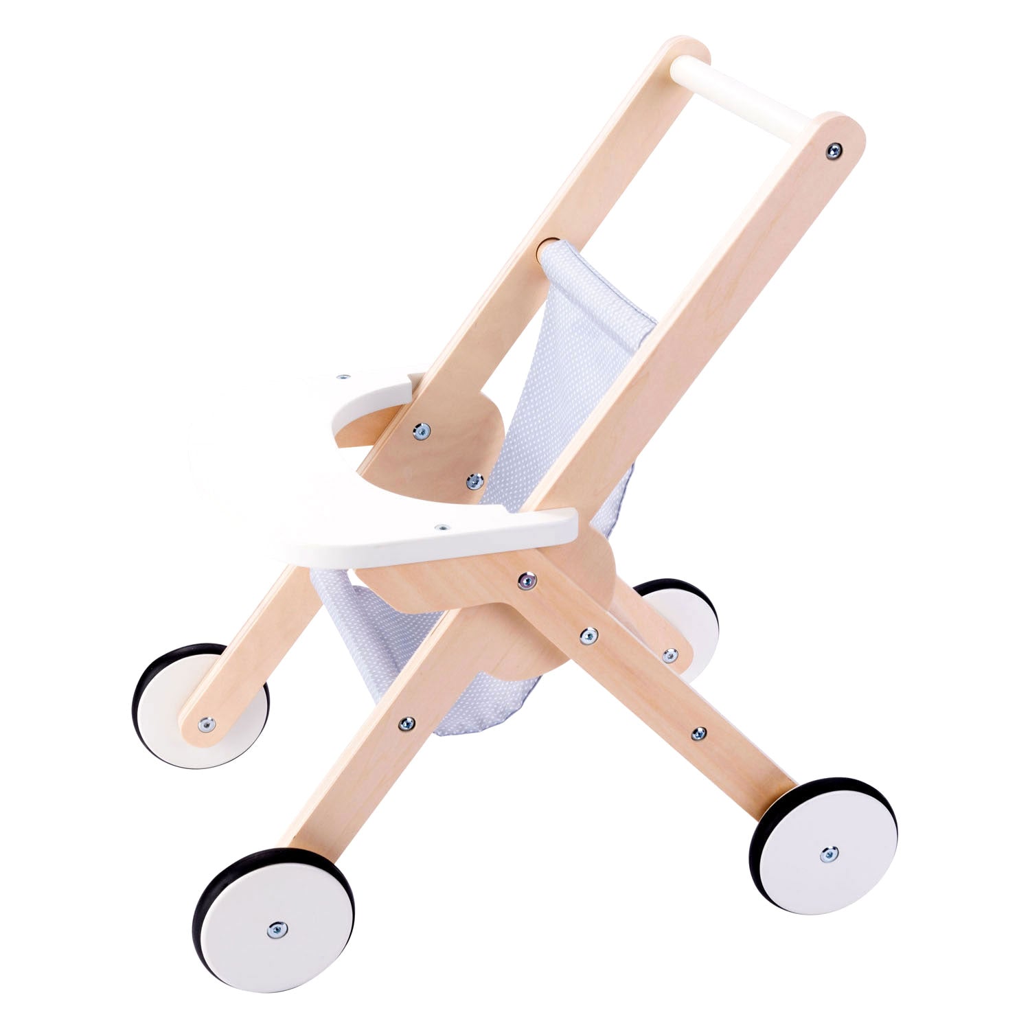 Muñeca de madera caminata caminata gris azul