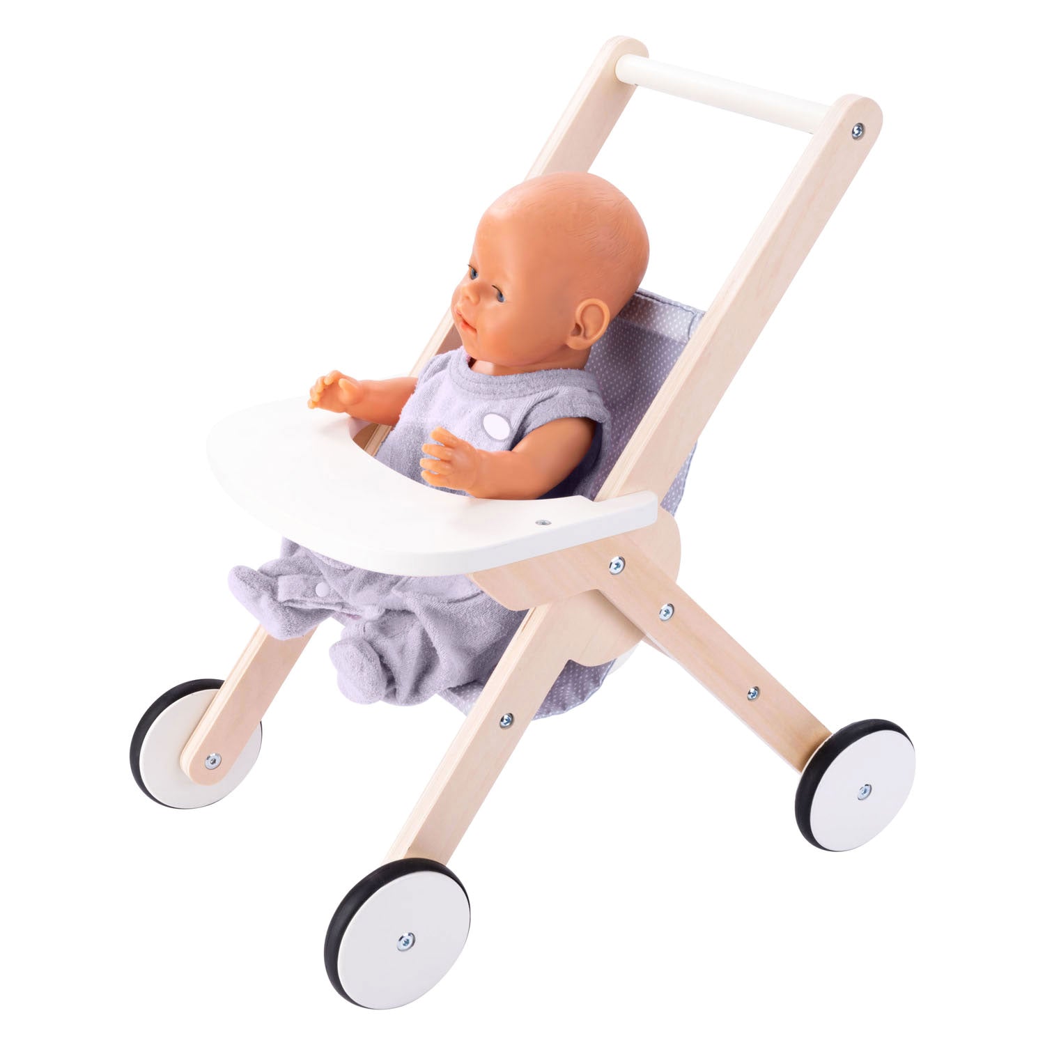 Muñeca de madera caminata caminata gris azul