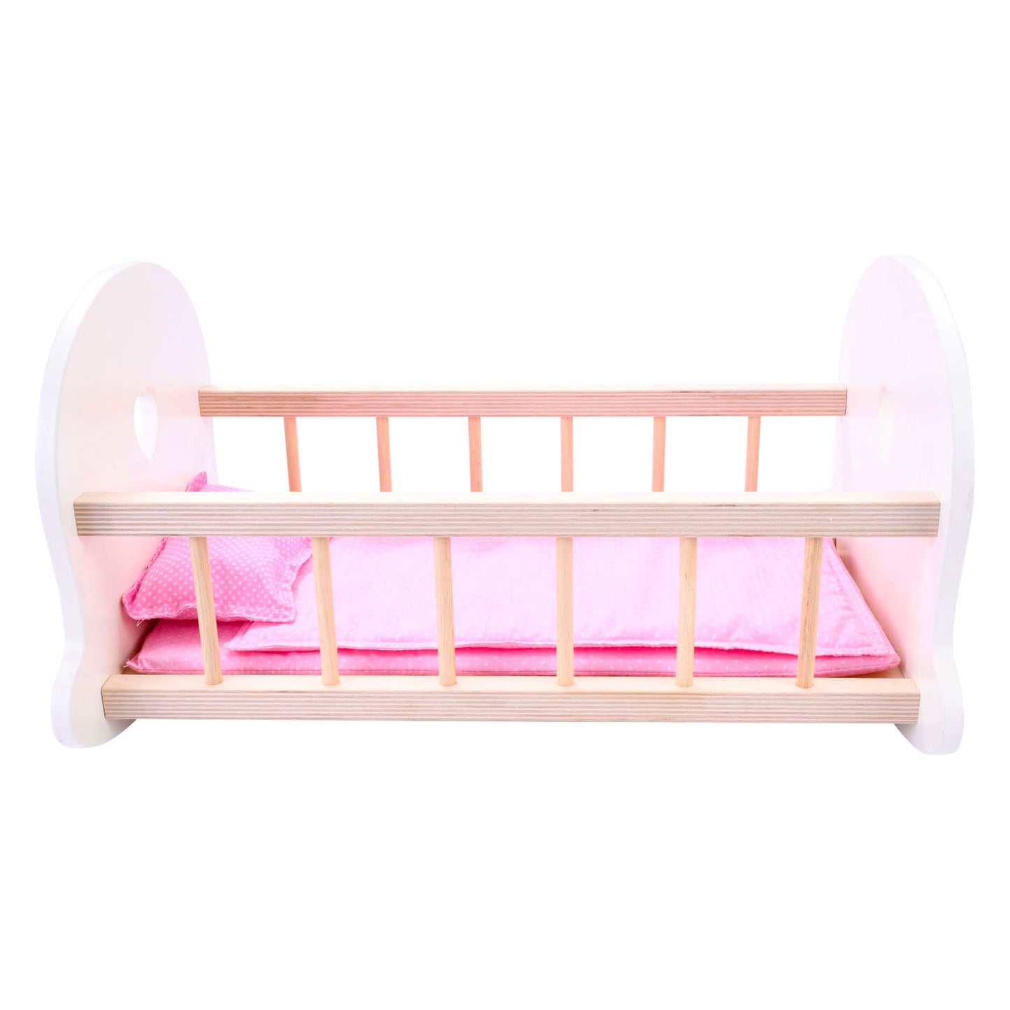 Cuna de columpio de cama de muñeca, blanco rosa