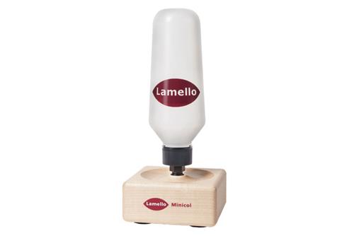 Botella de pegamento Lamello minicol con boquilla de plástico.
