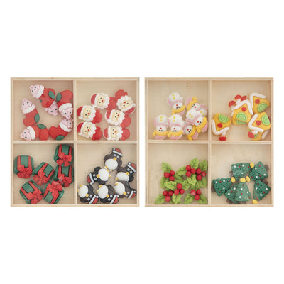 Figuras navideñas de resina de grupo artesanal creativo en caja de madera - 24 piezas.