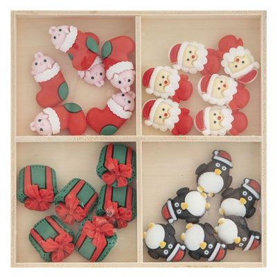 Figuras navideñas de resina de grupo artesanal creativo en caja de madera - 24 piezas.