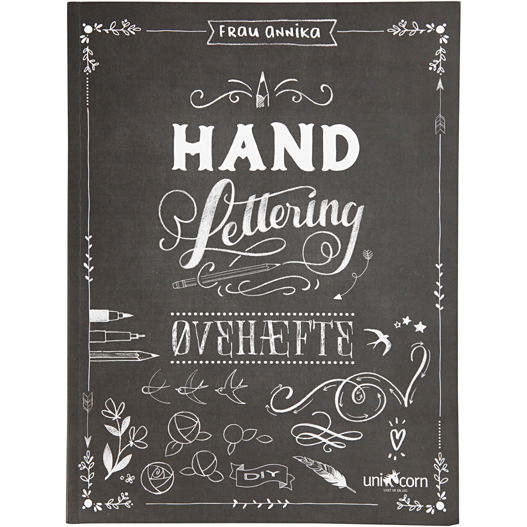 Lettering a mano - esercizi, dimensione 21x28 cm, spessore 1 cm, numero pagine 63, 1 pezzo, testo in danese