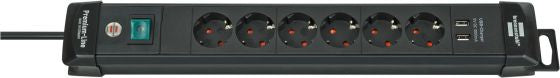 Brennenstuhl premium-line stekkerdoos 6-voudig + 2x usb stekkerdoos (zwart, 3 meter)