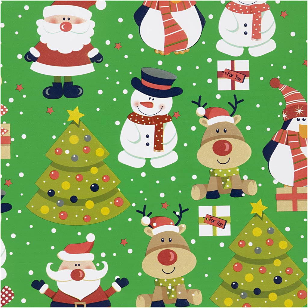 Inpakpapier, kerstman, kerstboom, kerstcadeau, rendier, sneeuwpop en pinguïn, b: 50 cm, 80 gr, groen, 100 m 1 rol