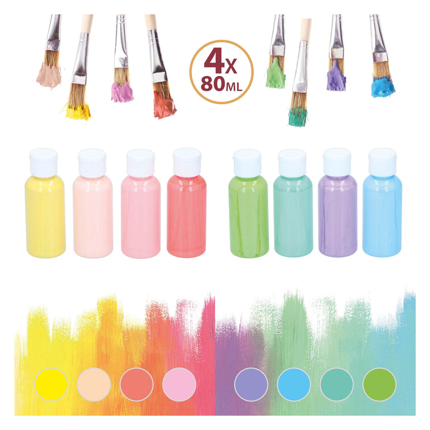Merkloos sans marque acrylverf pastel set kinderverf 4 flesjes multi kleuren 80ml.