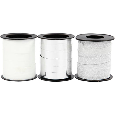 Cadeaulint, b: 10 mm, zilver, glitter zilver, wit, 3x15 m 1 doos