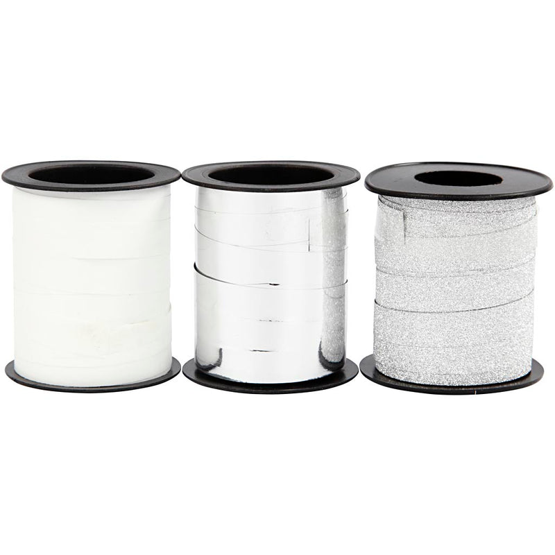 Cinta regalo empresa Creativ, A: 10 mm, plata, plata brillante, blanco, 3x15 m 1 caja