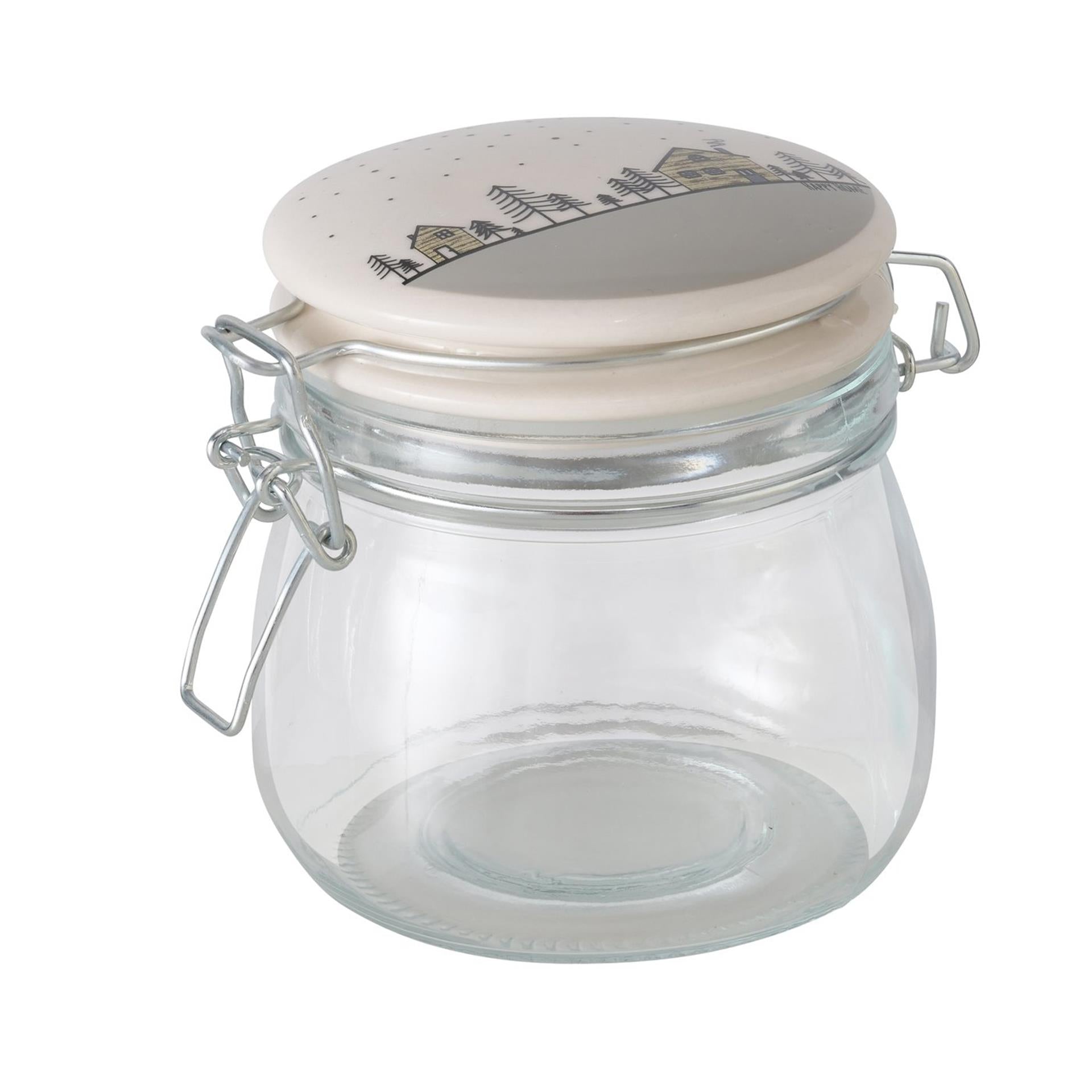 Boltze home voorraadpot homewood glas met keramieken klemdeksel met afbeelding van huisjes 450ml- h12cm dia10cm