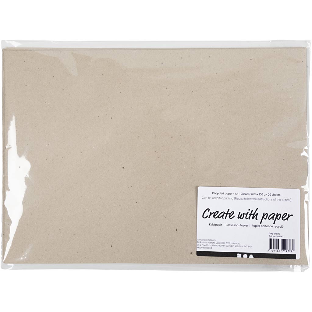 Papel reciclado de la empresa Creativ, a4, hoja 210x297 mm, 100 gr, marrón grisáceo, 20 hojas 1 caja