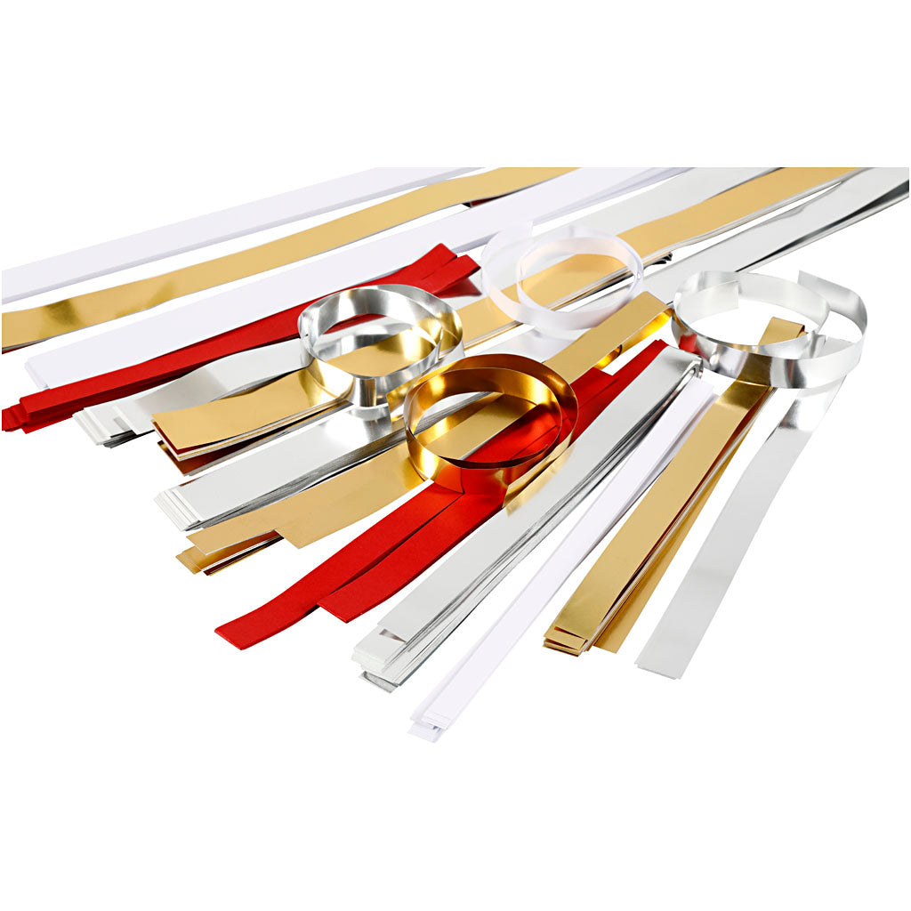 Creativ company tiras para trenzar, l: 44+78 cm, p 4,5+6,5+11,5 cm, ancho: 10+15+25 mm, el contenido puede variar, dorado, rojo, plateado, blanco, 5000 tiras 1 caja