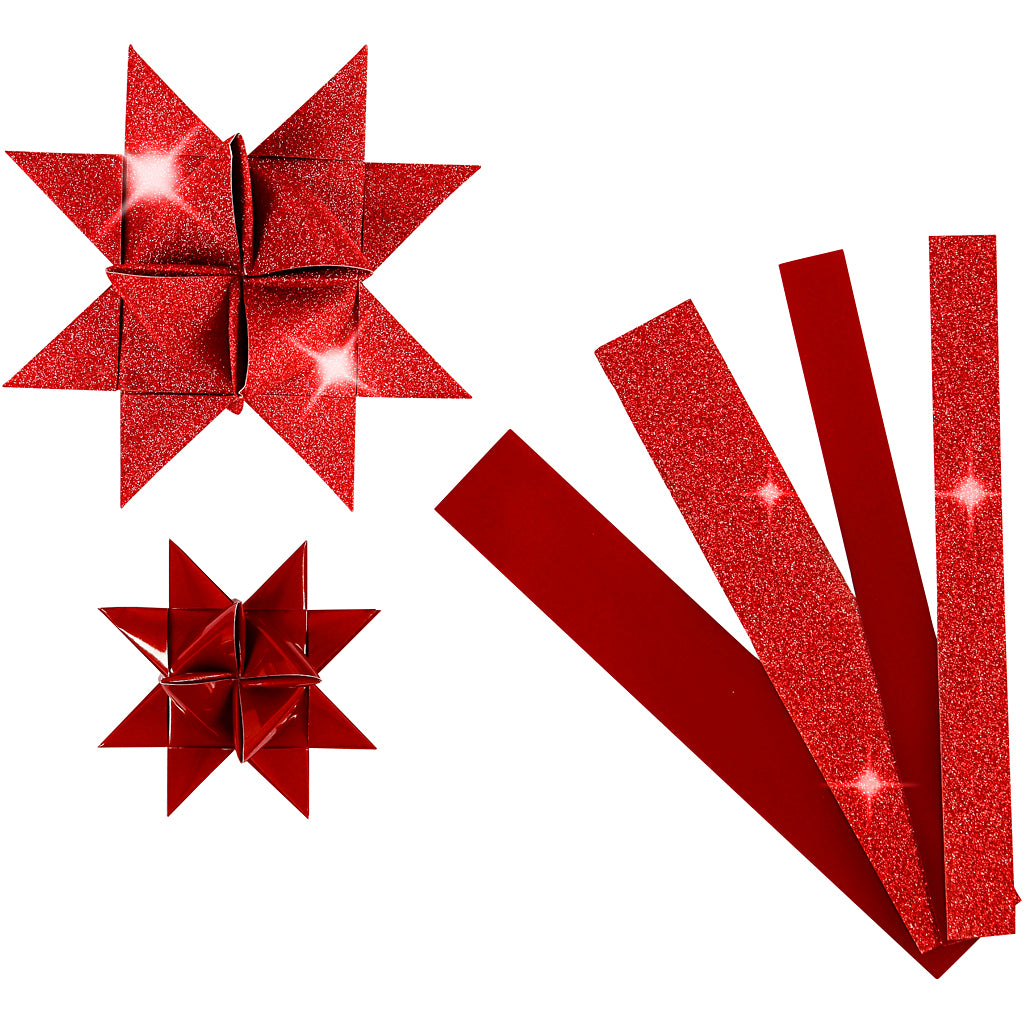 Papieren vlechtstroken, l: 44+78 cm, b: 15+25 mm, d 6,5+11,5 cm, glitter,vernis, rood, 40 stroken 1 doos