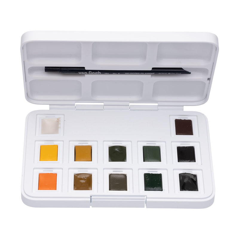 Van Gogh • caja de bolsillo para pintura de acuarela en tonos naturales con 12 colores en medias cubetas