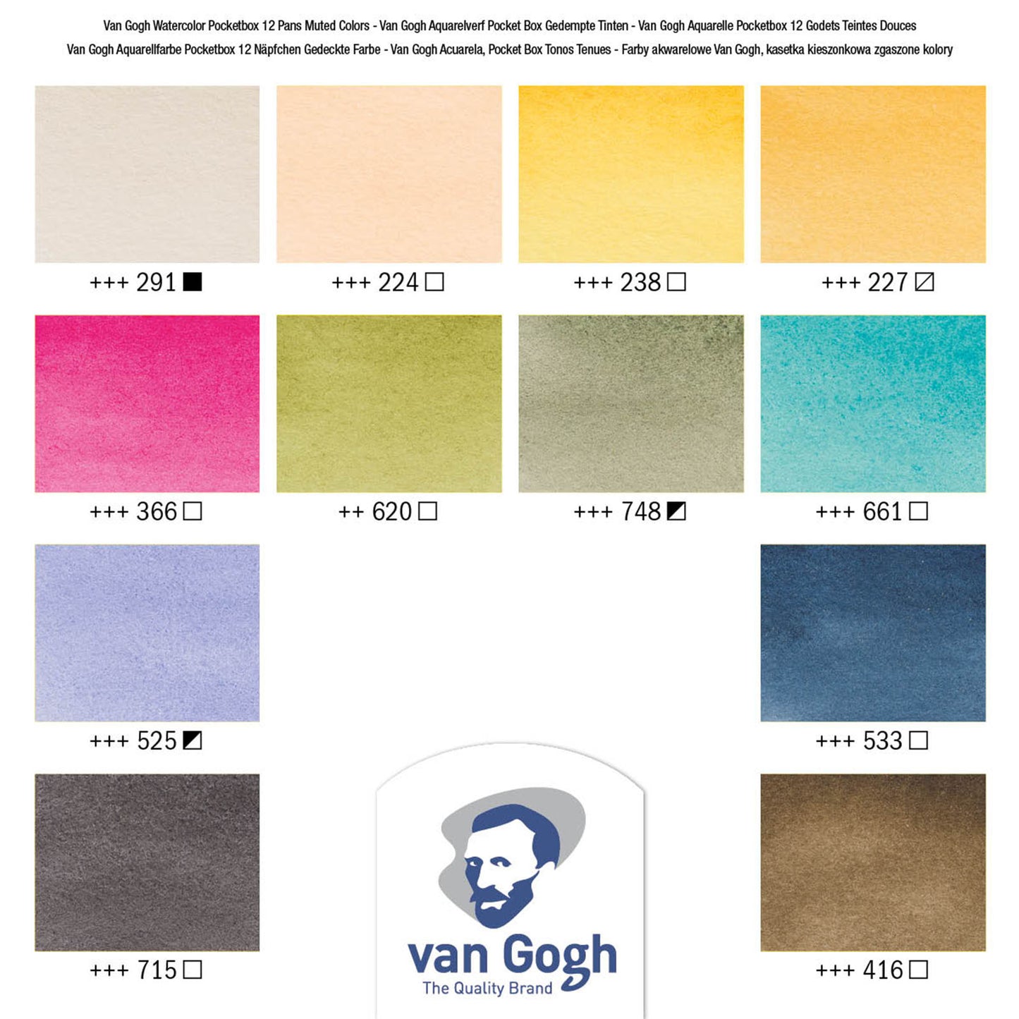 Van Gogh • caja de bolsillo para pintura de acuarela en tonos apagados con 12 colores en medias cubetas