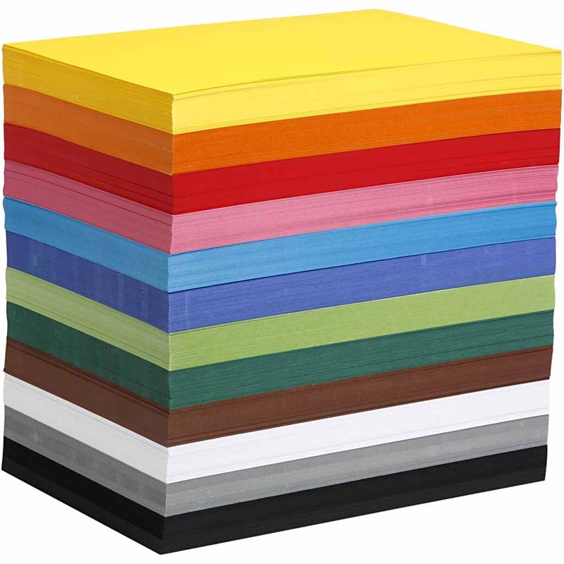 Gekleurd karton, a4, vel 210x297 mm, 180 gr, diverse kleuren, 1200 div vellen 1 doos