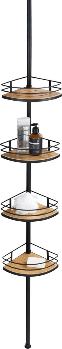 Wenko estante de ducha telescópico dolcedo 4 capas de acero inoxidable bambú negro - madera FSC - extensible de 65 a 275 cm - cesta de ducha - montaje sin taladrar