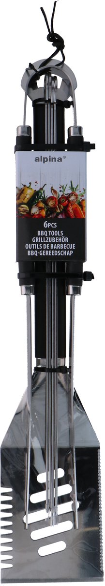 Set di utensili per barbecue Alpina – Set per barbecue da 6 pezzi con spatola, pinza per barbecue e forchettone – inclusi 4 spiedi – Acciaio inossidabile – Ideale per grigliare carne e verdure