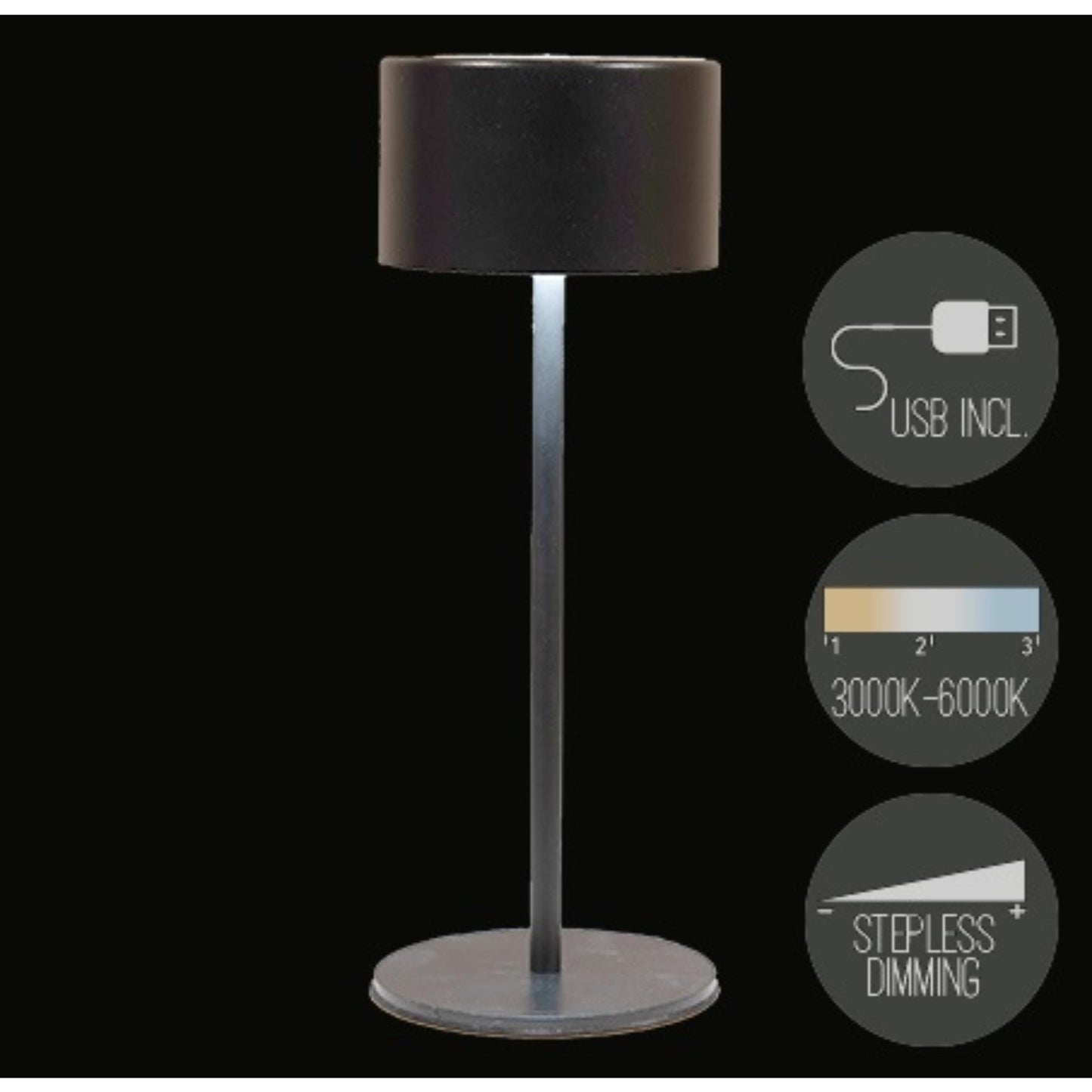 Lampada da tavolo ricaricabile USB collezione Anna nera 8x22cm