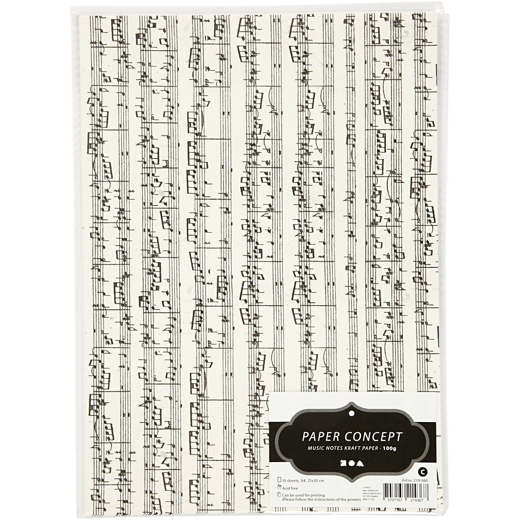 Creativ company papel kraft con estampado, notas musicales, a4, hoja 210x297 mm, 100 gr, 10 hojas 1 caja