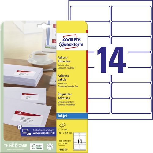 Adresetiketten avery zweckform j8163 99,1x38,1mm wit