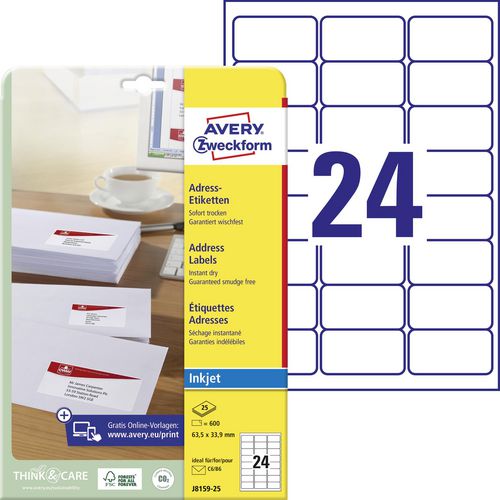 Avery inkjetetiketten quickdry j8159-25 63,5x33,9mm