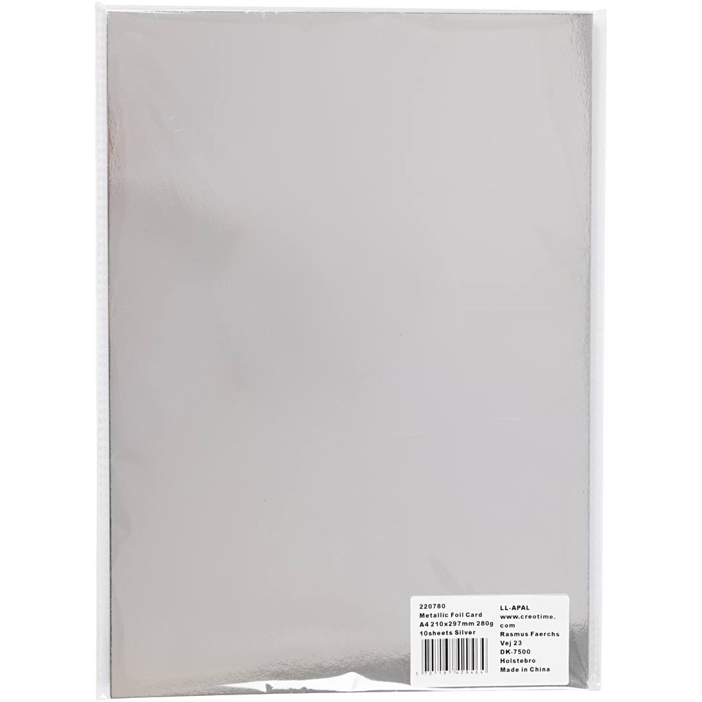 Creativ company cartón metalizado, a4, hoja 210x297 mm, 280 gr, plateado, 10 hojas 1 caja