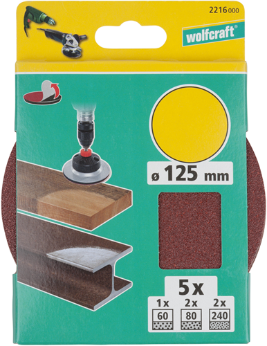 Discos de lijado adhesivos Wolfcraft | k60, k80, k240 | ø125mm | 5 piezas - 2216000