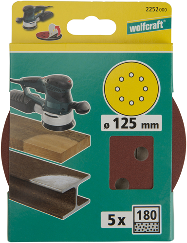 Discos de lijado adhesivos Wolfcraft | k180 | perforado | ø125mm | 5 piezas - 2252000