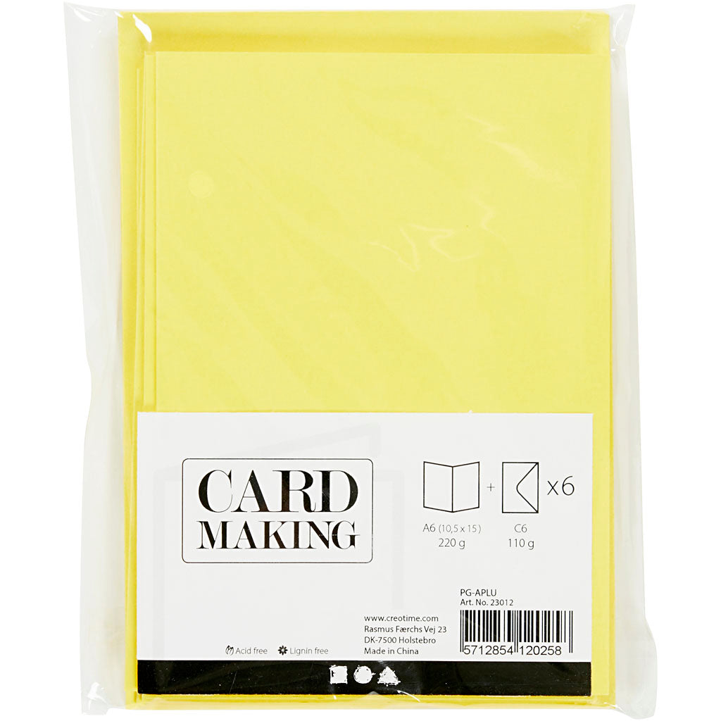 Tarjetas y sobres de empresa Creativ, tamaño tarjeta 10,5x15 cm, tamaño sobre 11,5x16,5 cm, 110+220 gr, amarillo, 6 juegos 1 caja
