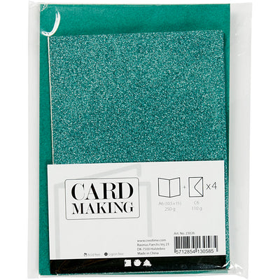 Biglietti e buste aziendali Creativ, formato biglietto 10,5x15 cm, formato busta 11,5x16,5 cm, glitter, 110+250 gr, verde, 4 set 1 scatola
