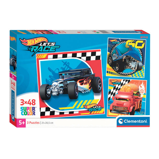 CLEMENTONI JIGSAW Puzzle Super Color cuadrado Hot Wheels, 3x48st.