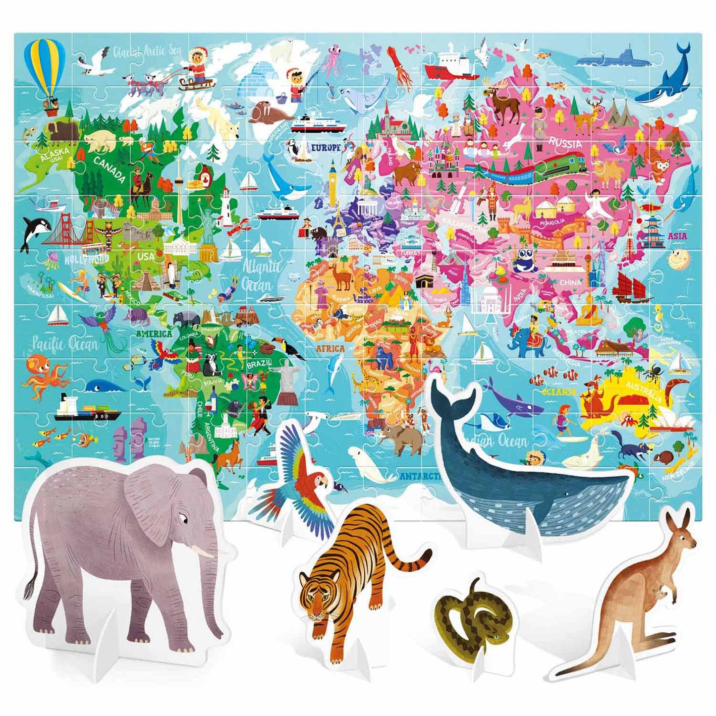 Headu Legpuzzel Wereld met 3D Elementen, 108st.