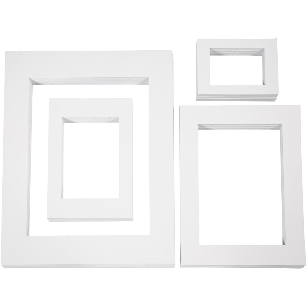 Marcos paspartú de Creativ company, a3, a4, a5, a6, medidas 13,4x18,9+19,7x27,9+28,3x36,6+39,5x49,6 cm, 500 g, blanco, 4x100 piezas 1 caja