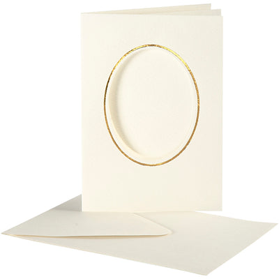 Tarjetas passepartout de Creativ Company, ovaladas con borde dorado, tamaño tarjeta 10,5x15 cm, tamaño sobre 11,5x16,5 cm, blanquecino, 10 juegos 1 caja