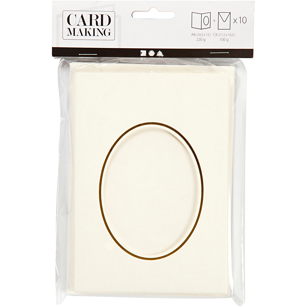 Tarjetas passepartout de Creativ Company, ovaladas con borde dorado, tamaño tarjeta 10,5x15 cm, tamaño sobre 11,5x16,5 cm, blanquecino, 10 juegos 1 caja