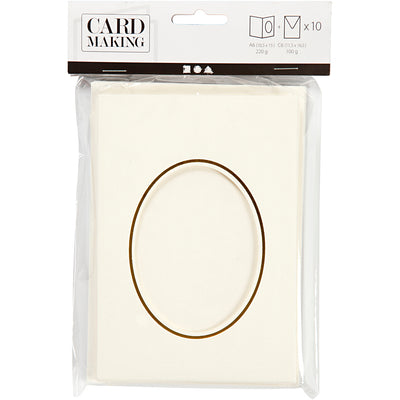 Tarjetas passepartout de Creativ Company, ovaladas con borde dorado, tamaño tarjeta 10,5x15 cm, tamaño sobre 11,5x16,5 cm, blanquecino, 10 juegos 1 caja