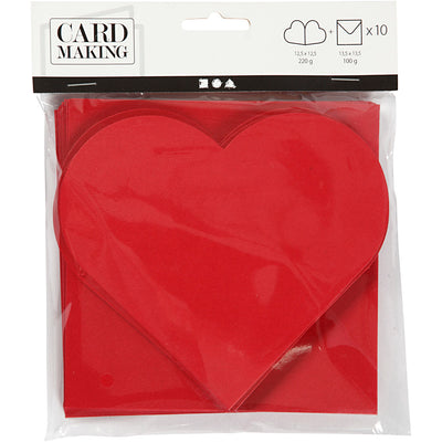 Tarjetas con forma de corazón de Creativ Company, tamaño tarjeta 12,5x12,5 cm, tamaño sobre 13,5x13,5 cm, rojo, 10 juegos 1 caja