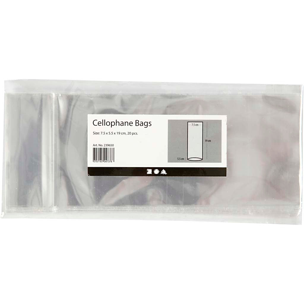 Creative Company Cellophan Bag, H: 19 cm, Dim 7,5x5,5 cm, spessore 25 My, 20 pezzi 1 scatola