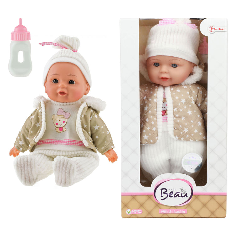 Beau Babypop 32 cm + atuendo de invierno y botella